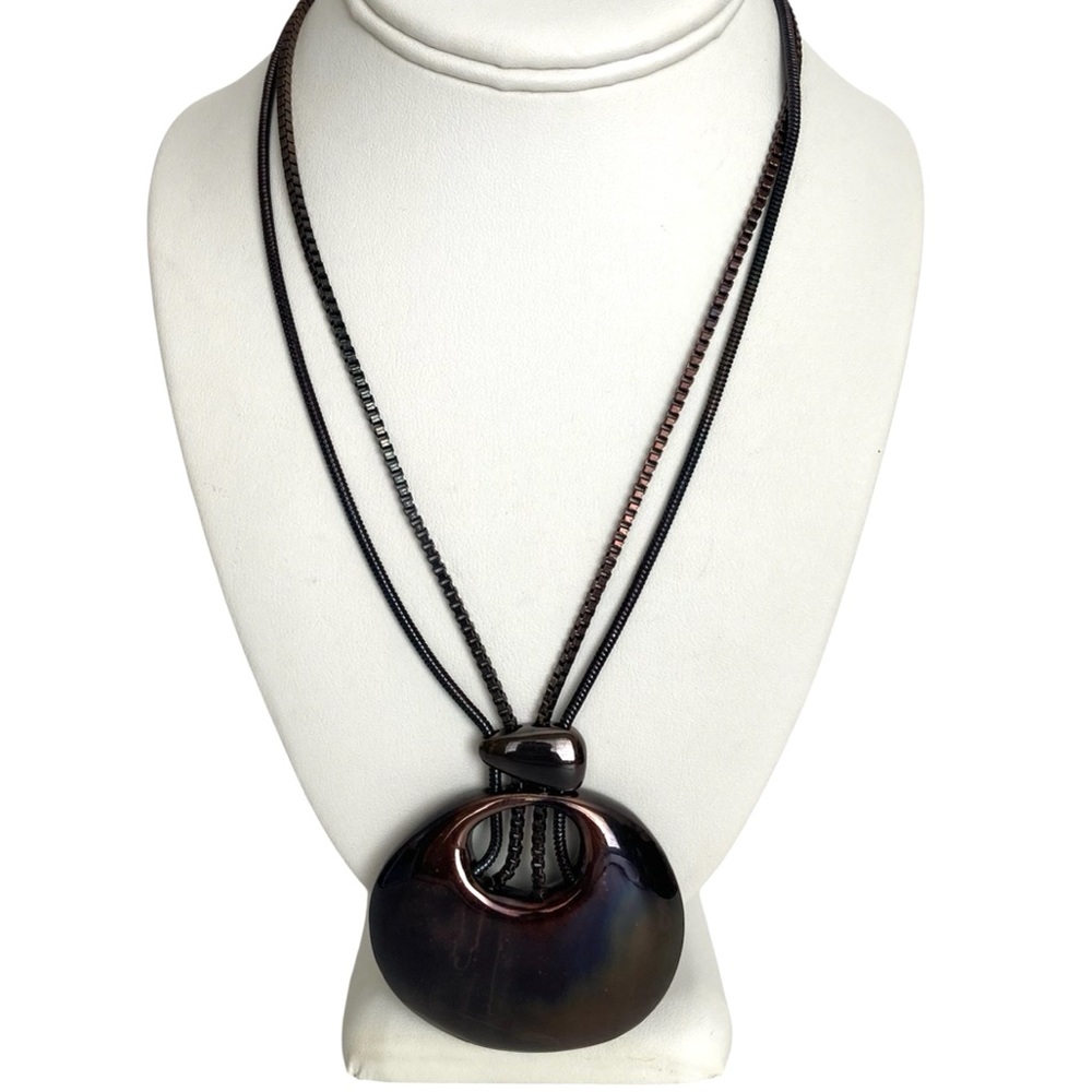 Chico's Double Strand Necklace with a Large Dark Brown Iridescent Pendant.